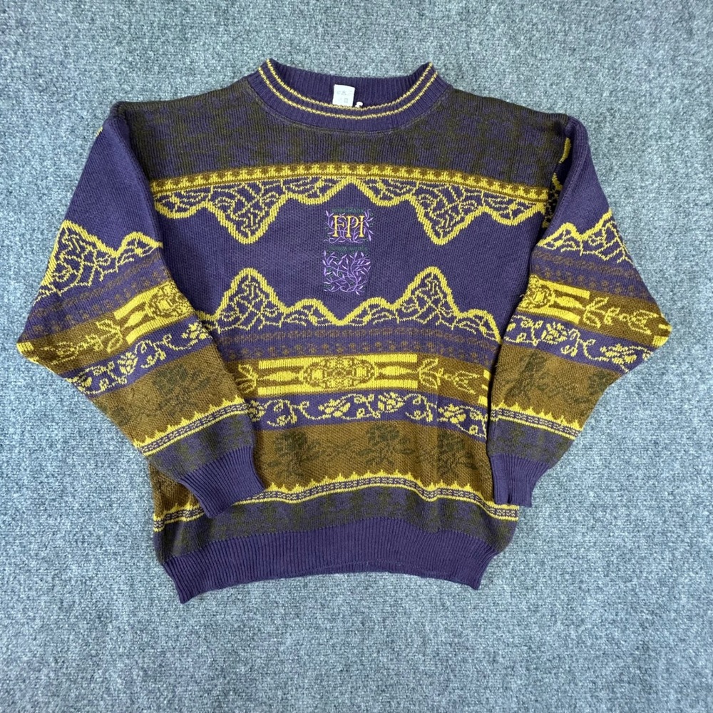 Vintage FPI Purple Gold Geometric Floral Knit Wool Blend Sweater Mens XL